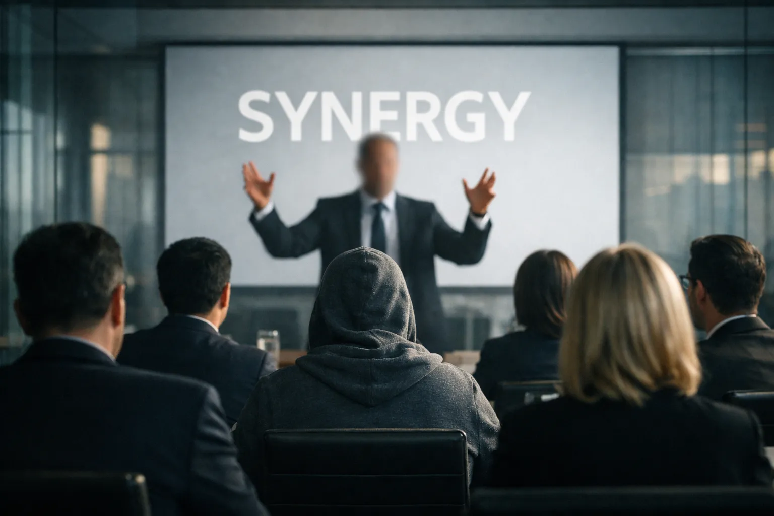 A soulless corporate figure in a suit pulling puppet strings, representing corporate buzzword manipulation